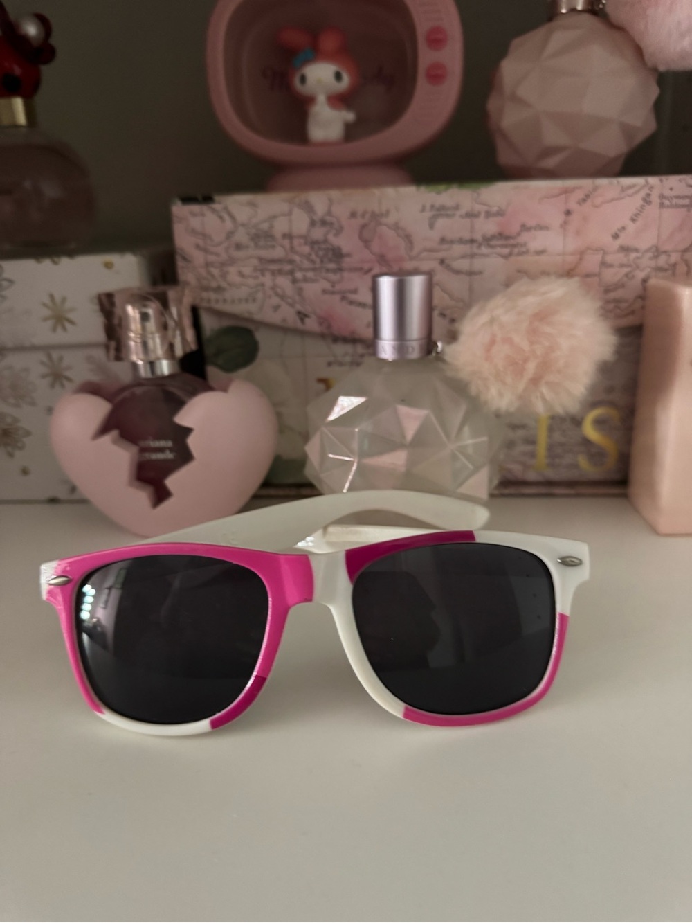 Pink and White Wayfarer Sunglasses with Dark Lenses